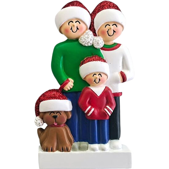 Festive family of three figurine with brown dog wearing Santa hats for Christmas Ornaments & Tree Decorations collection