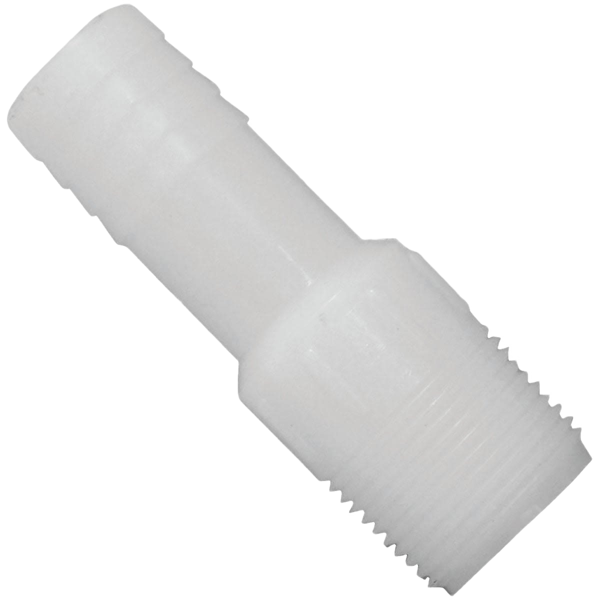 White nylon insert coupling with barbed and threaded ends for plumbing and pipes fitting in home improvement projects