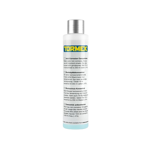 White plastic bottle with yellow and blue label containing anti-corrosion concentrate for tool maintenance and protection