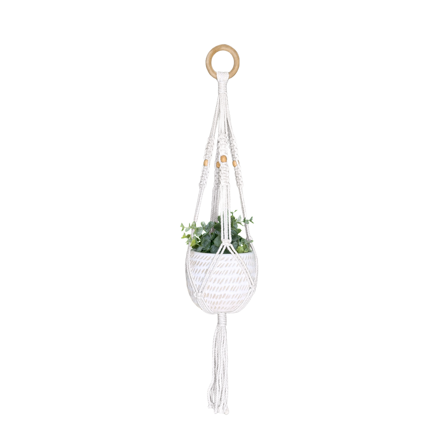 Natural cotton macrame plant hanger with wooden ring for indoor decor in Home Accents and Decor collections under $50 category