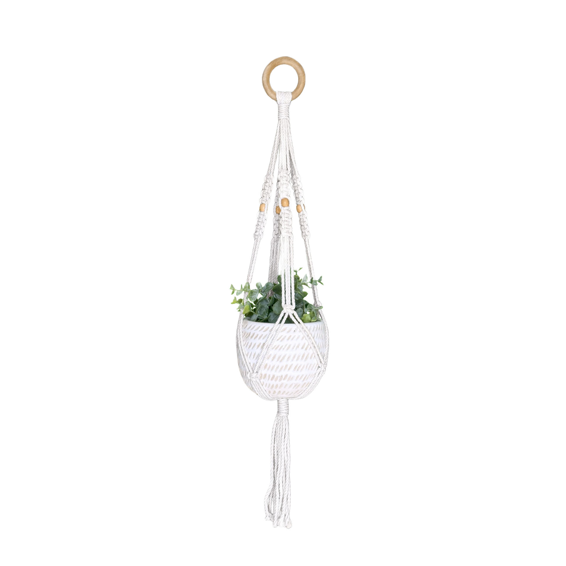 Natural cotton macrame plant hanger with wooden ring for indoor decor in Home Accents and Decor collections under $50 category