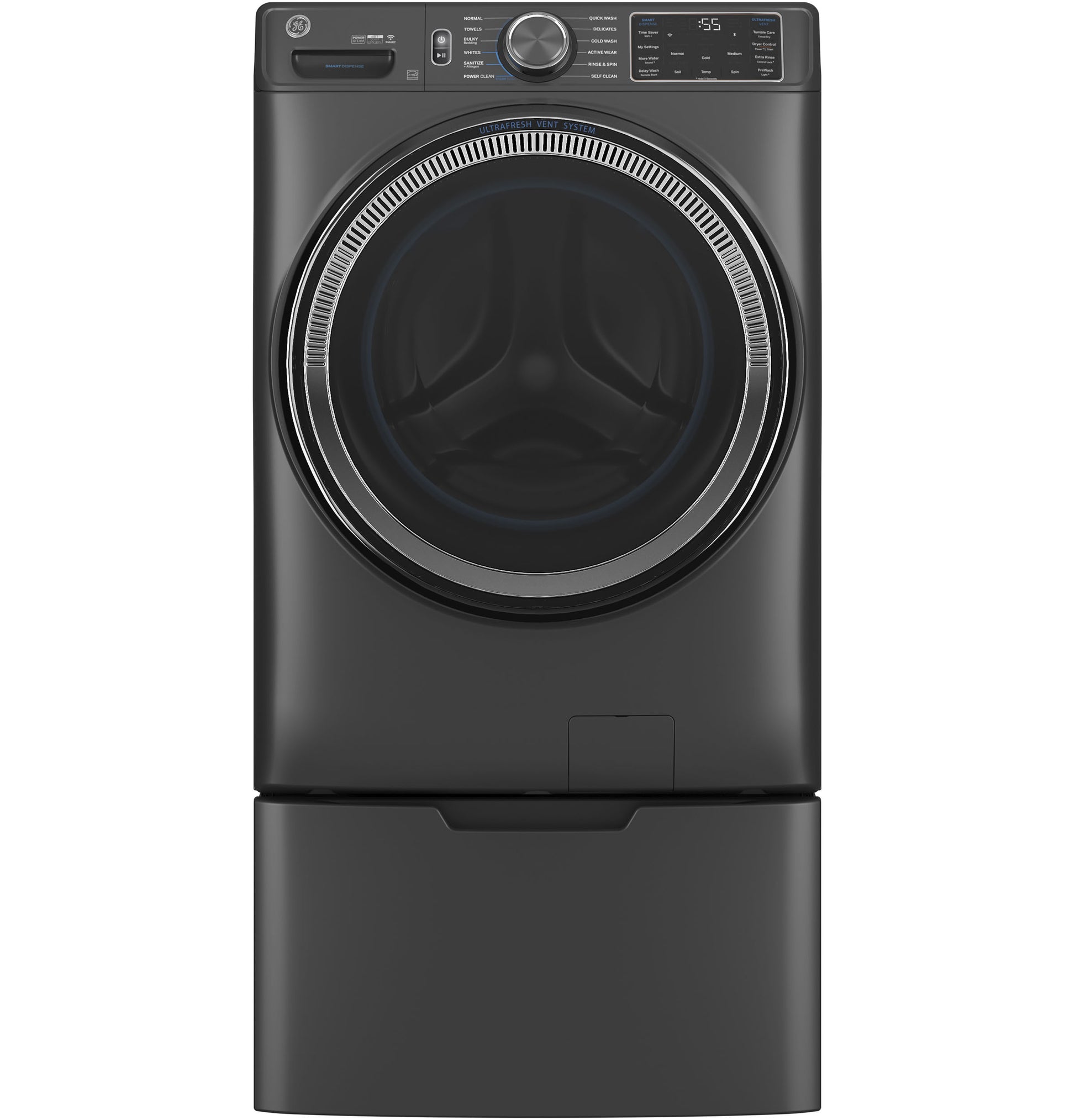 Dark gray front-load washer on matching pedestal, part of appliance and washing machine parts accessories collection