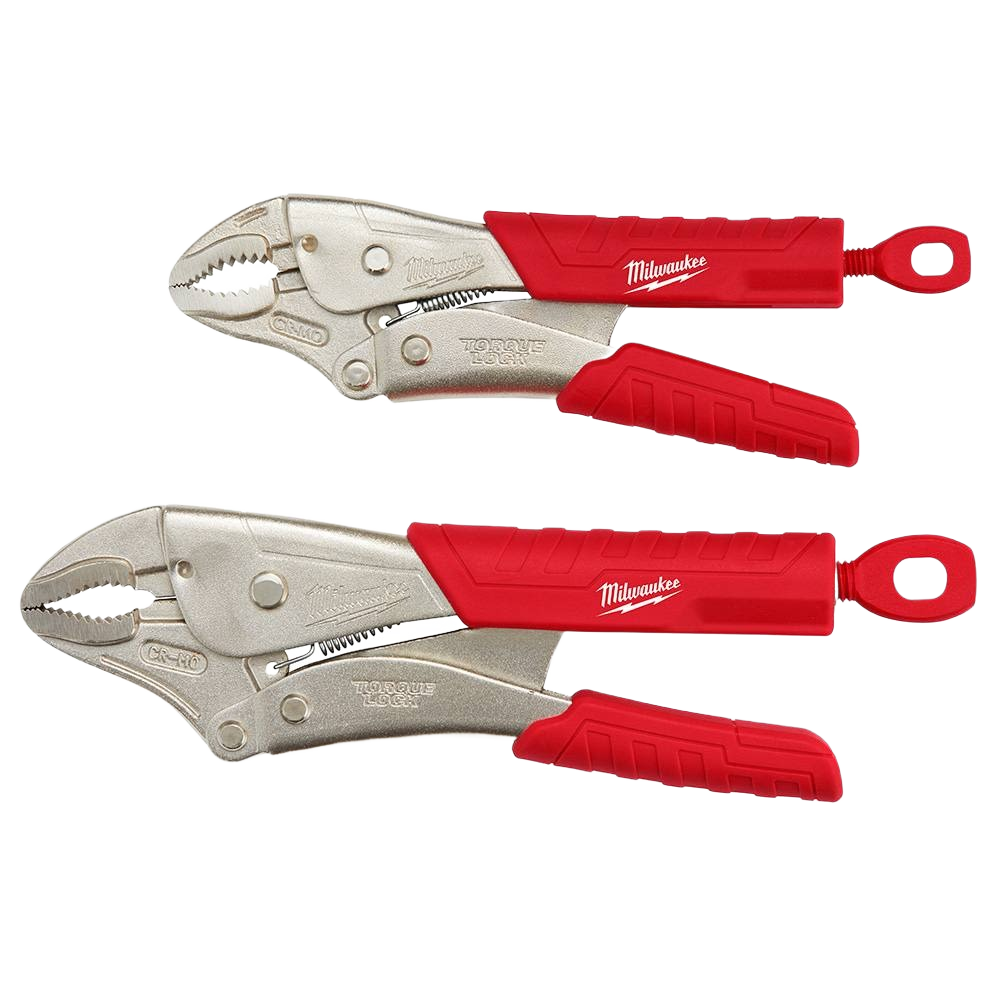 Two curved jaw locking pliers with red ergonomic grips for home improvement and tools use