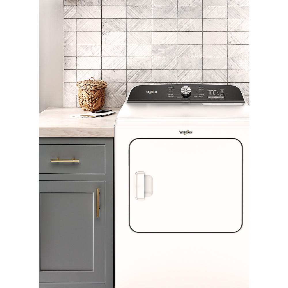 White Whirlpool top load dryer with moisture sensor control panel in modern laundry room from Dryers and Gas Dryers collections