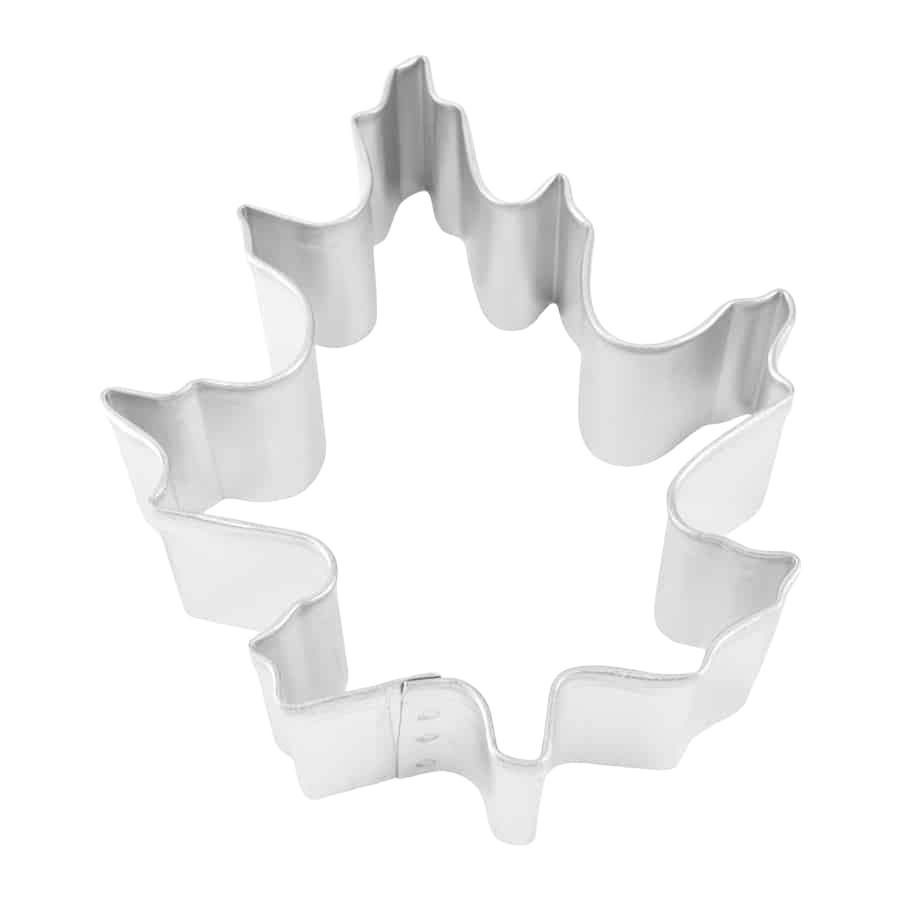 Metal oak leaf-shaped cookie cutter measuring 3.5 inches for baking and crafting in home kitchens.
