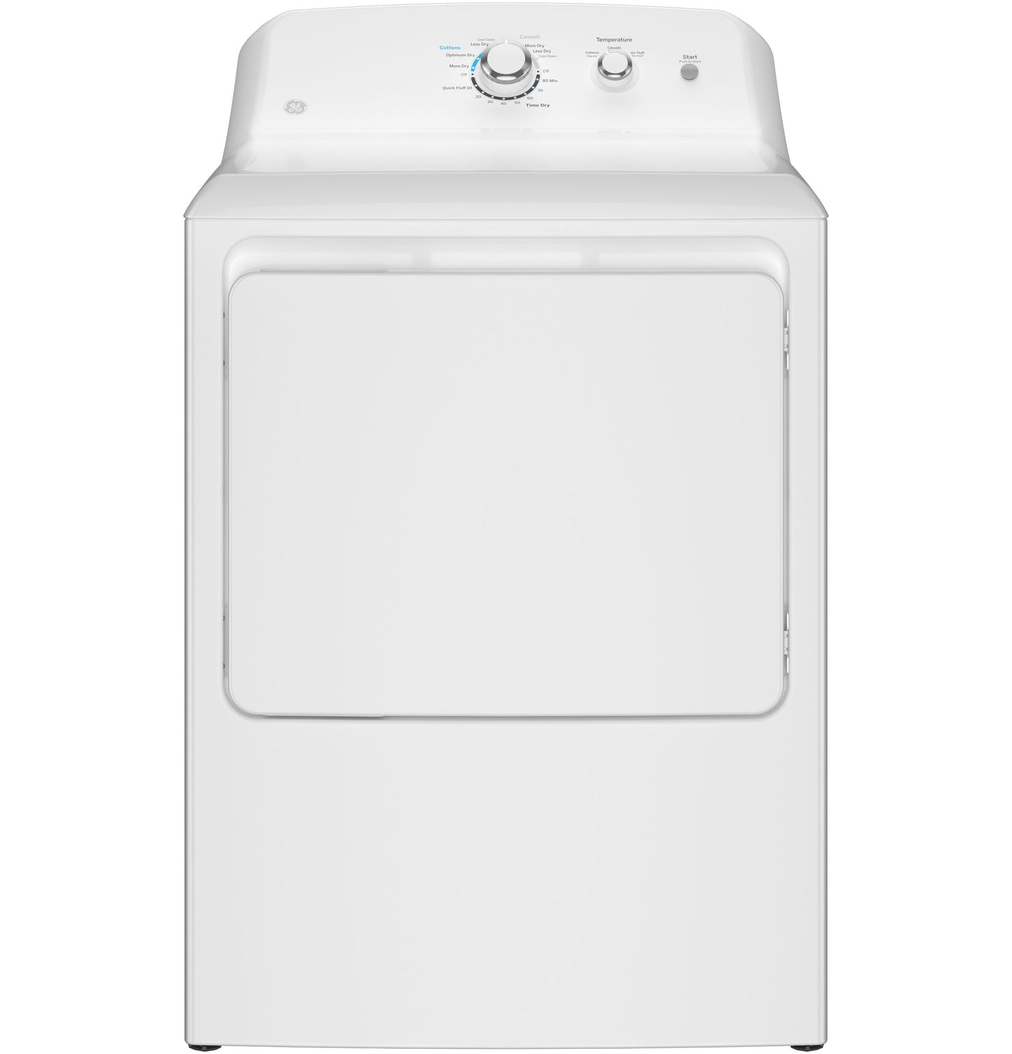 Front view of white electric dryer with control panel featuring dials in Dryers at Hartville Hardware