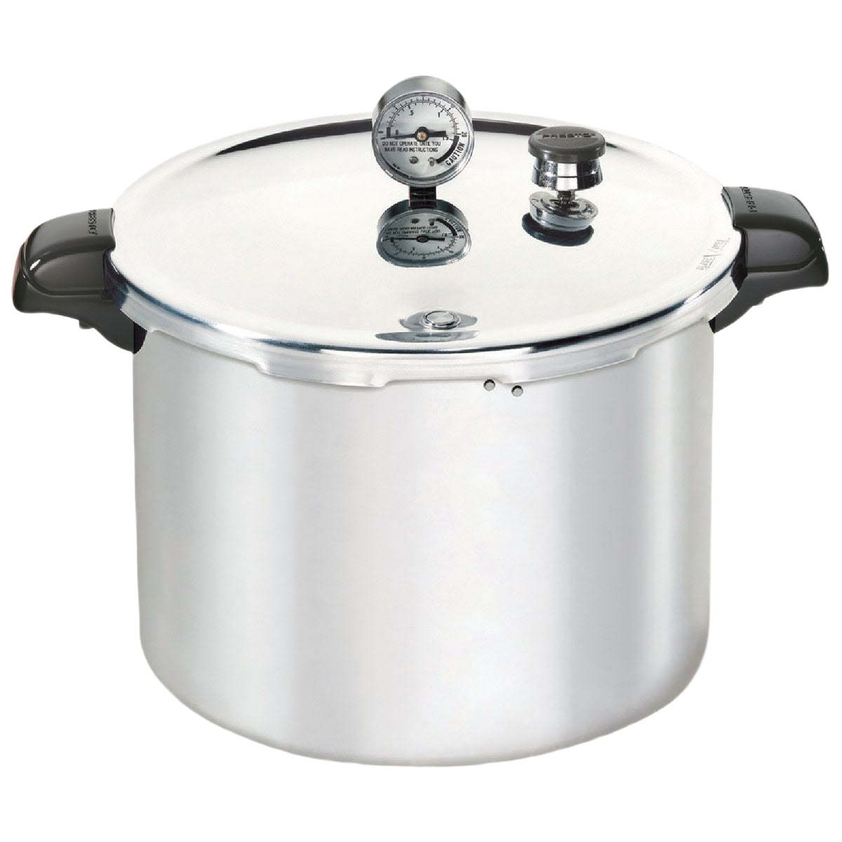 16-quart aluminum pressure cooker with lid, pressure gauge, and black heat-resistant handles for kitchen use