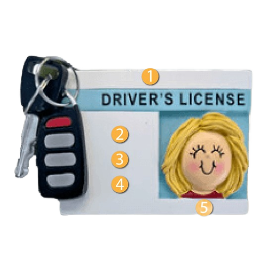 Personalized blonde female driver’s license ornament with attached car key fob for Christmas tree decoration under $50