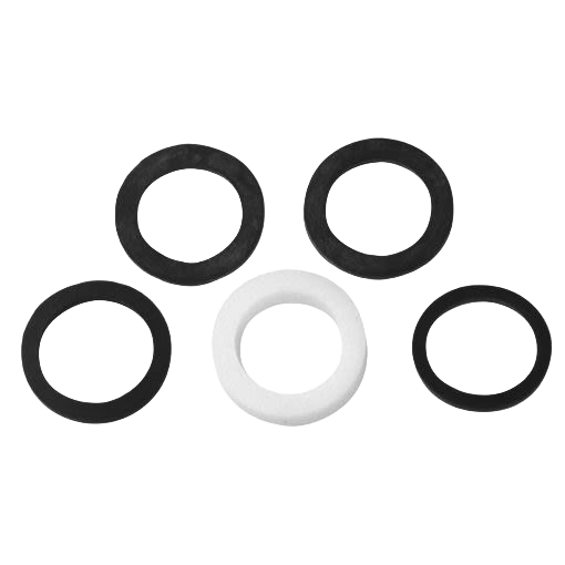 Set of assorted black and white sealing washers for faucet aerators in plumbing repair and home improvement collections
