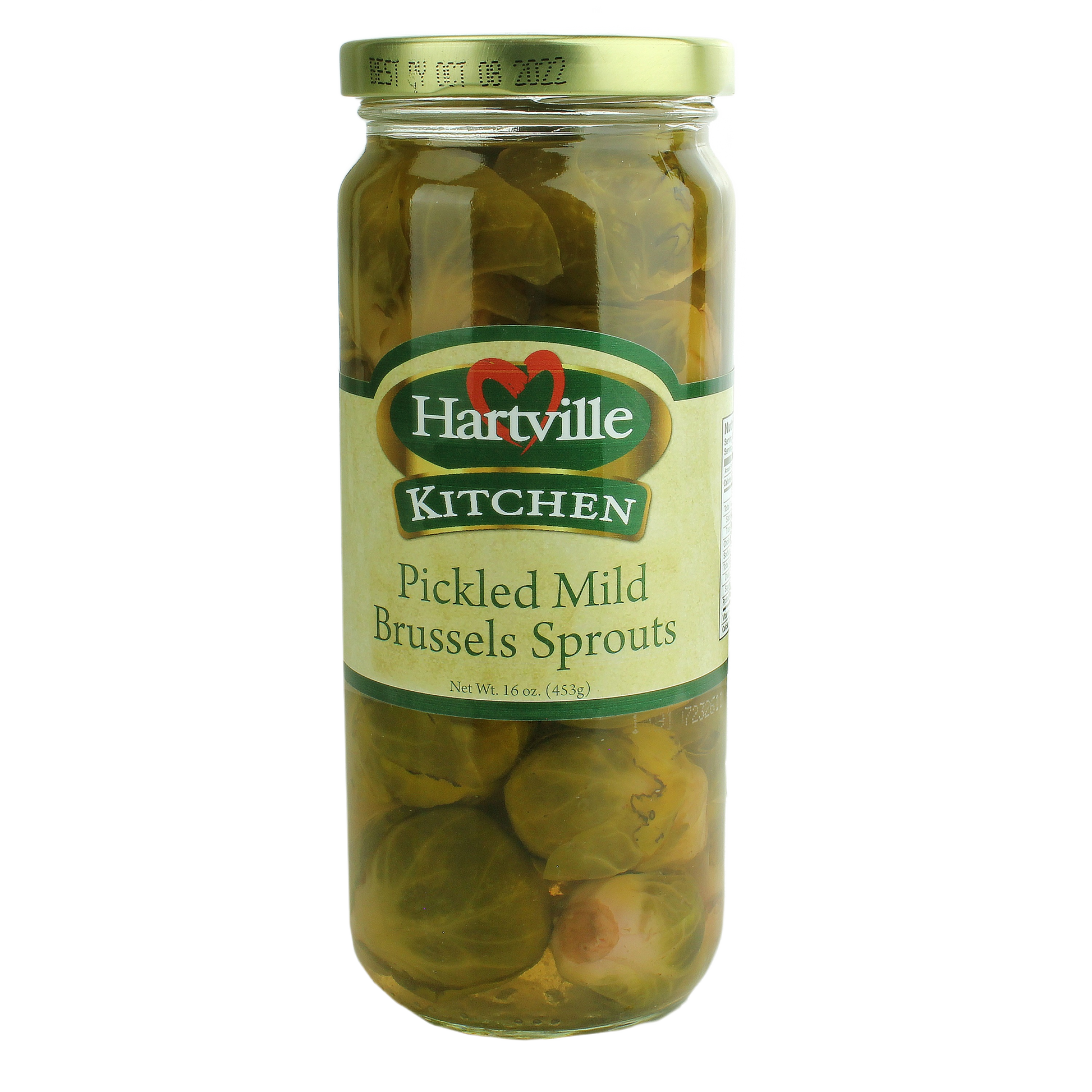 Glass jar of mild pickled Brussels sprouts from Hartville Kitchen preserved goods in fruits and vegetables collection