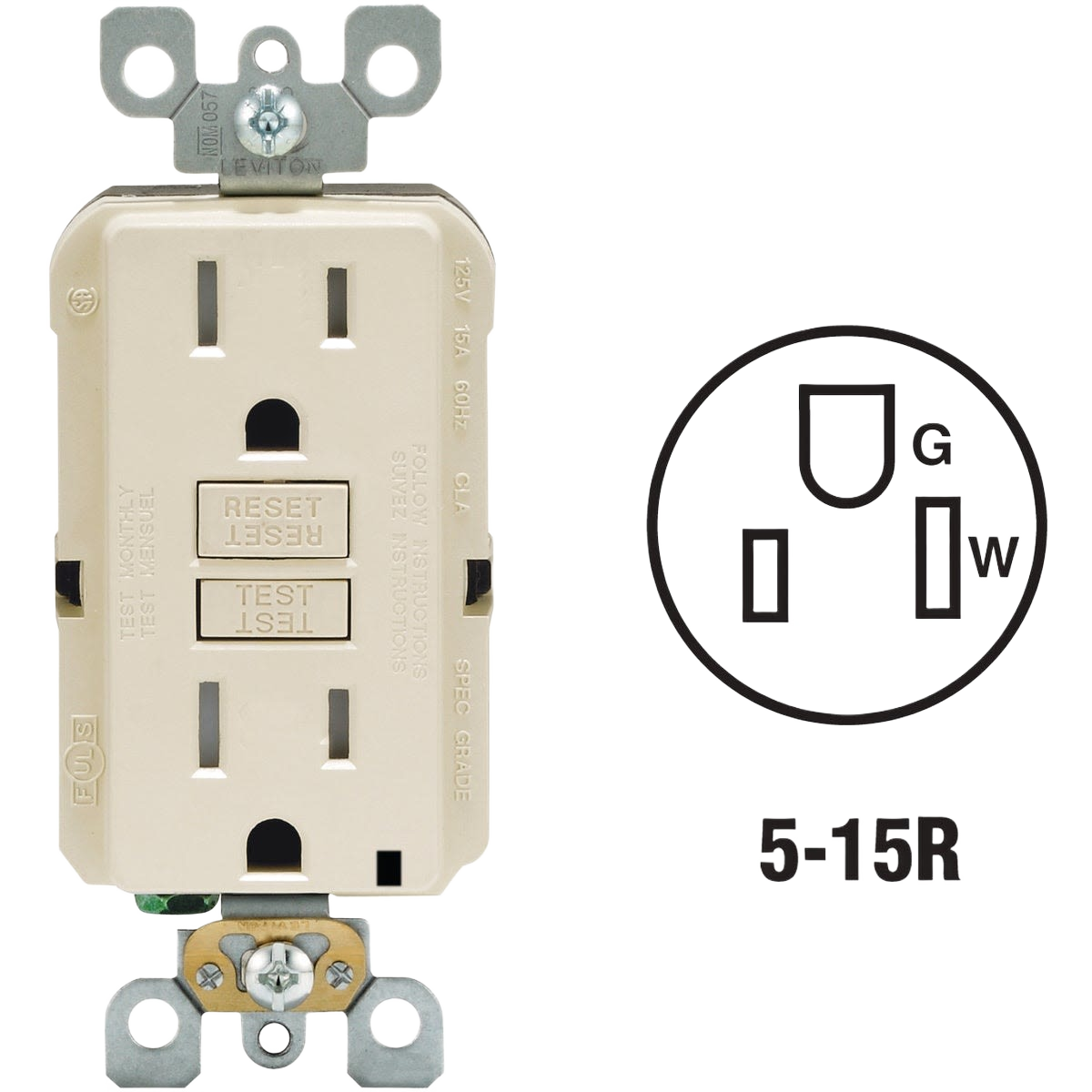 Light almond commercial grade GFCI electrical outlet with self-test and reset buttons for home improvement projects