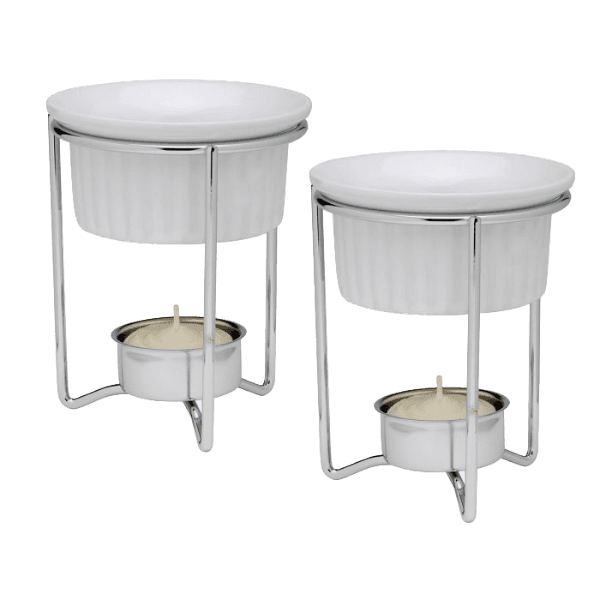 Two ceramic butter warmers with chrome-plated steel stands and tealight candles for kitchenware and gadgets under $50 collection