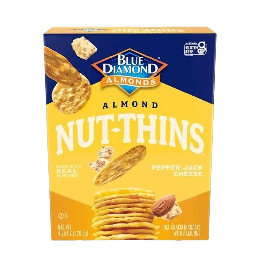 Blue Diamond Almond Nut Thins Pepper Jack cheese rice cracker snacks with almonds in Chips & Snacks collection
