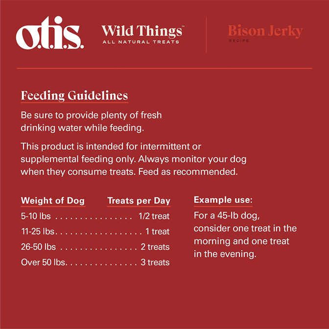 Feeding guidelines for Otis Wild Things bison jerky dog treats with weight-based daily serving suggestions in pet supplies