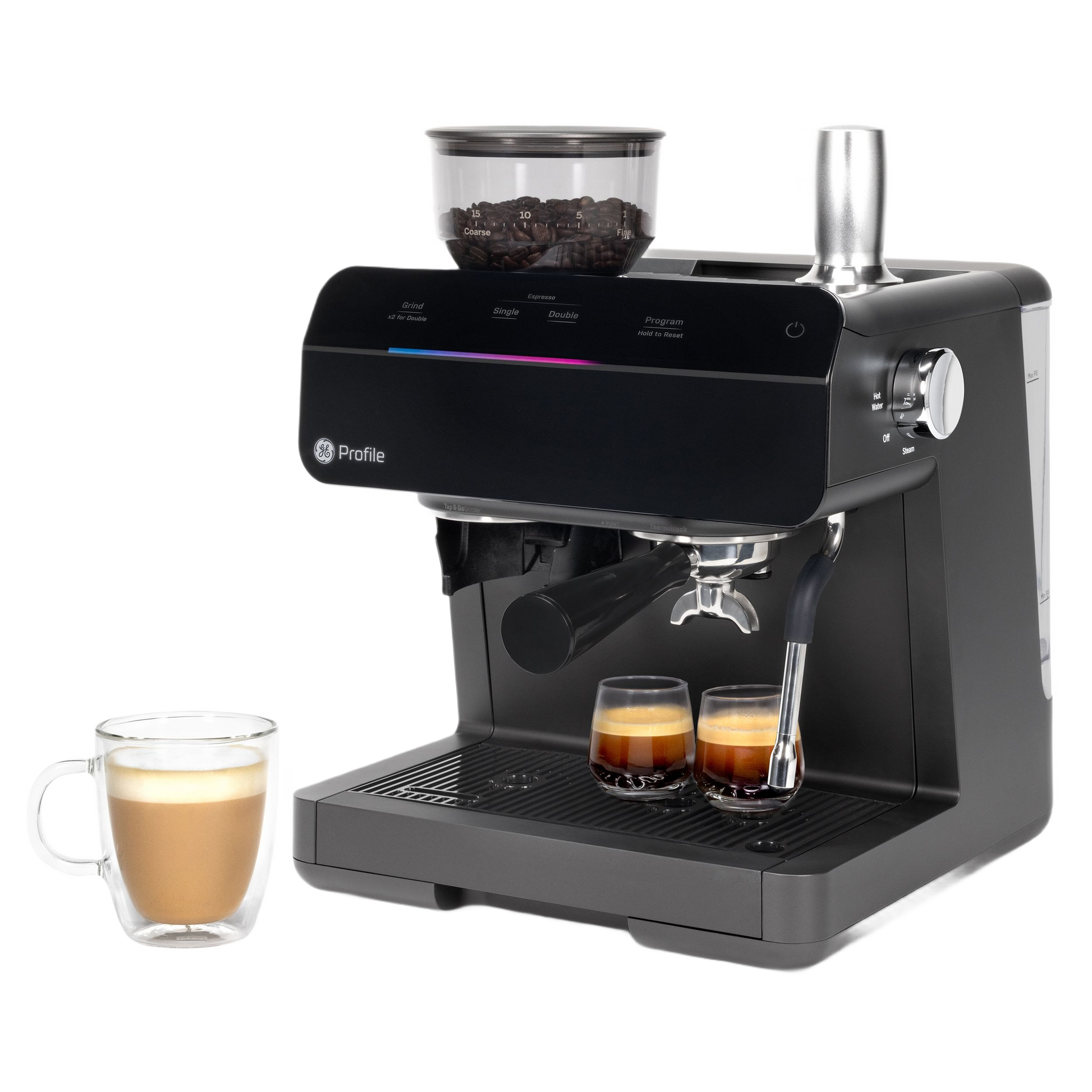 Compact semi-automatic espresso machine with frother, black finish, and transparent bean container for home use