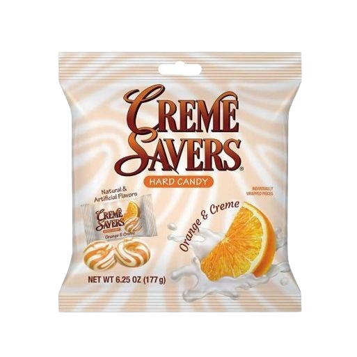 Bag of Creme Savers hard candy with orange and creme flavor featuring swirled striped candies and orange slice image
