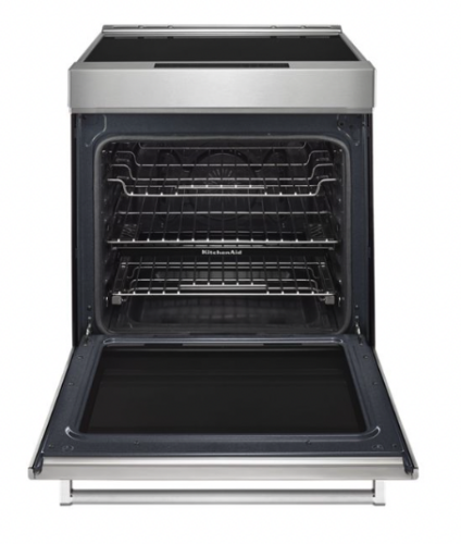 stainless steel slide-in convection range with induction cooktop and open oven door showing interior racks in kitchen appliances collection