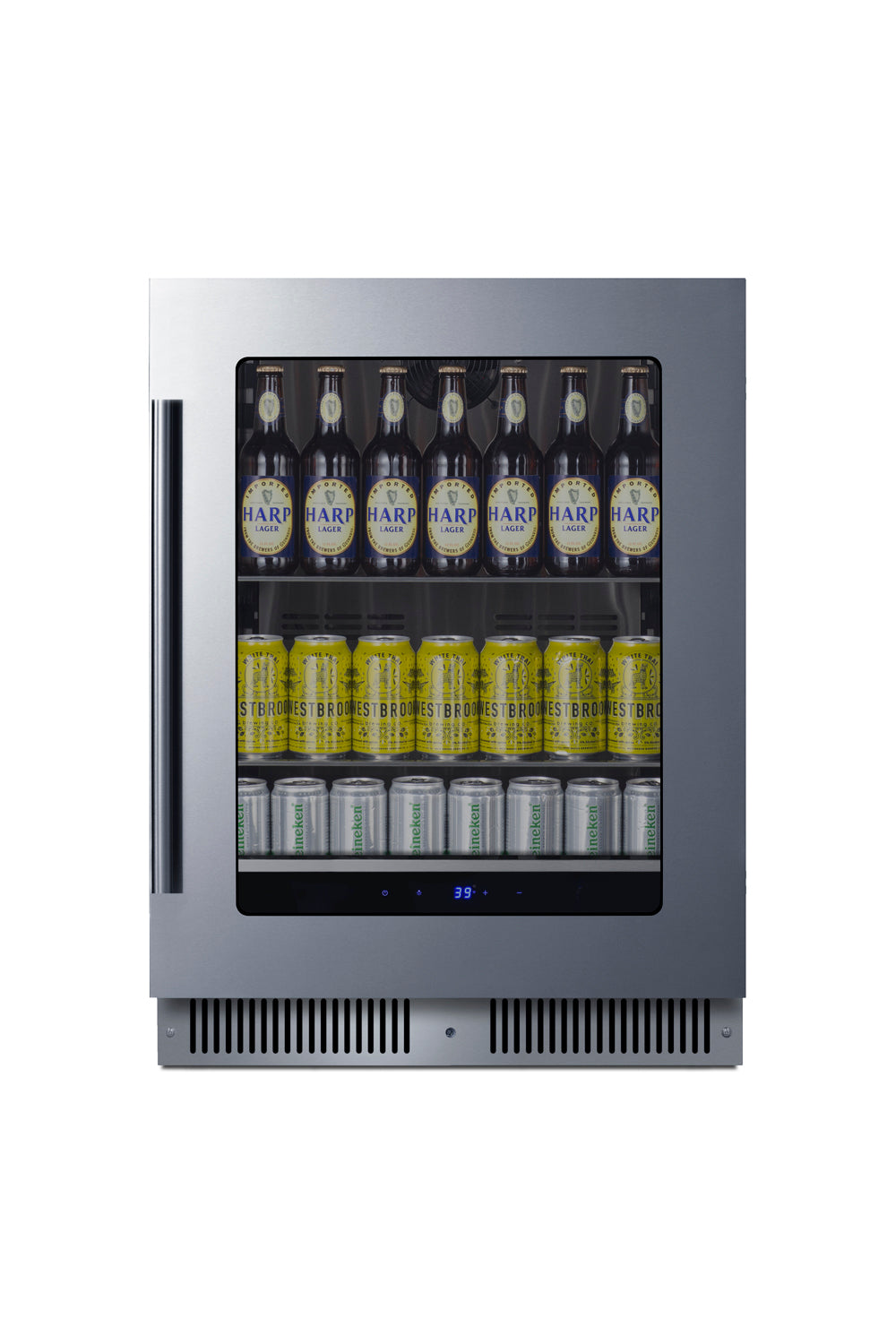 Built-in beverage center with glass door showing stocked shelves of beer bottles and soda cans in stainless steel frame