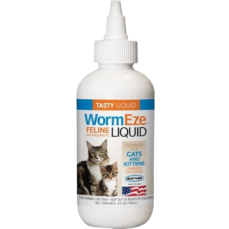 White plastic squeeze bottle of Durvet Wormeze feline liquid dewormer with cat images on label