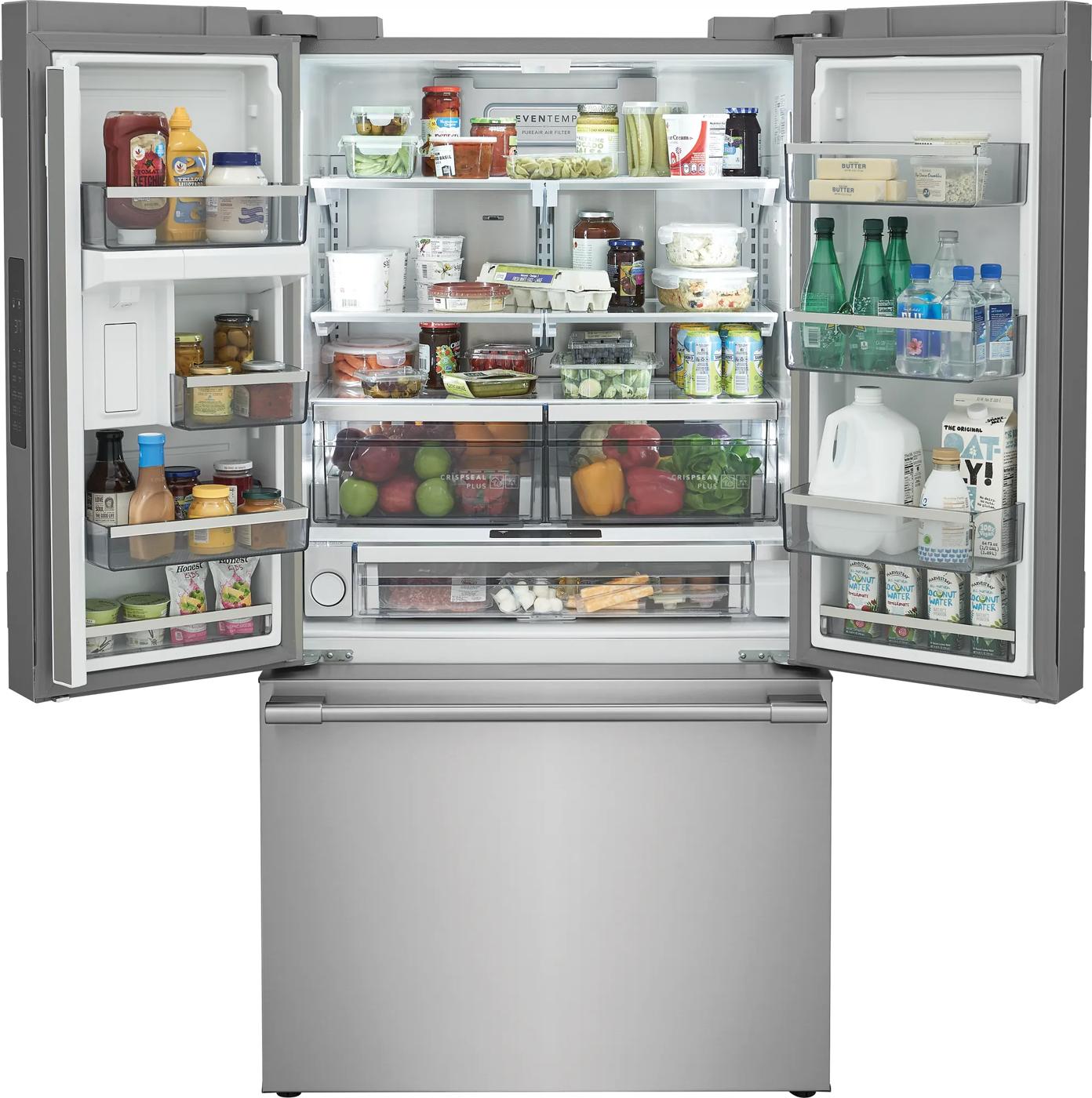 Open stainless steel French door refrigerator with fresh food and beverages, featuring spacious adjustable shelves from Refrigerators collection