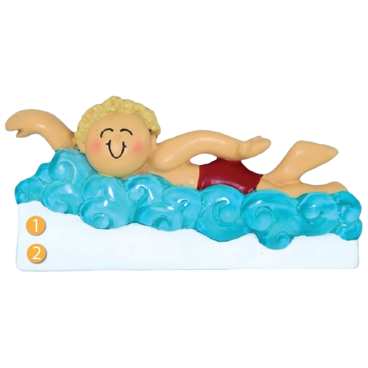 Personalized ornament of a blonde male learning to swim on blue waves for Christmas Ornaments & Tree Decorations collection