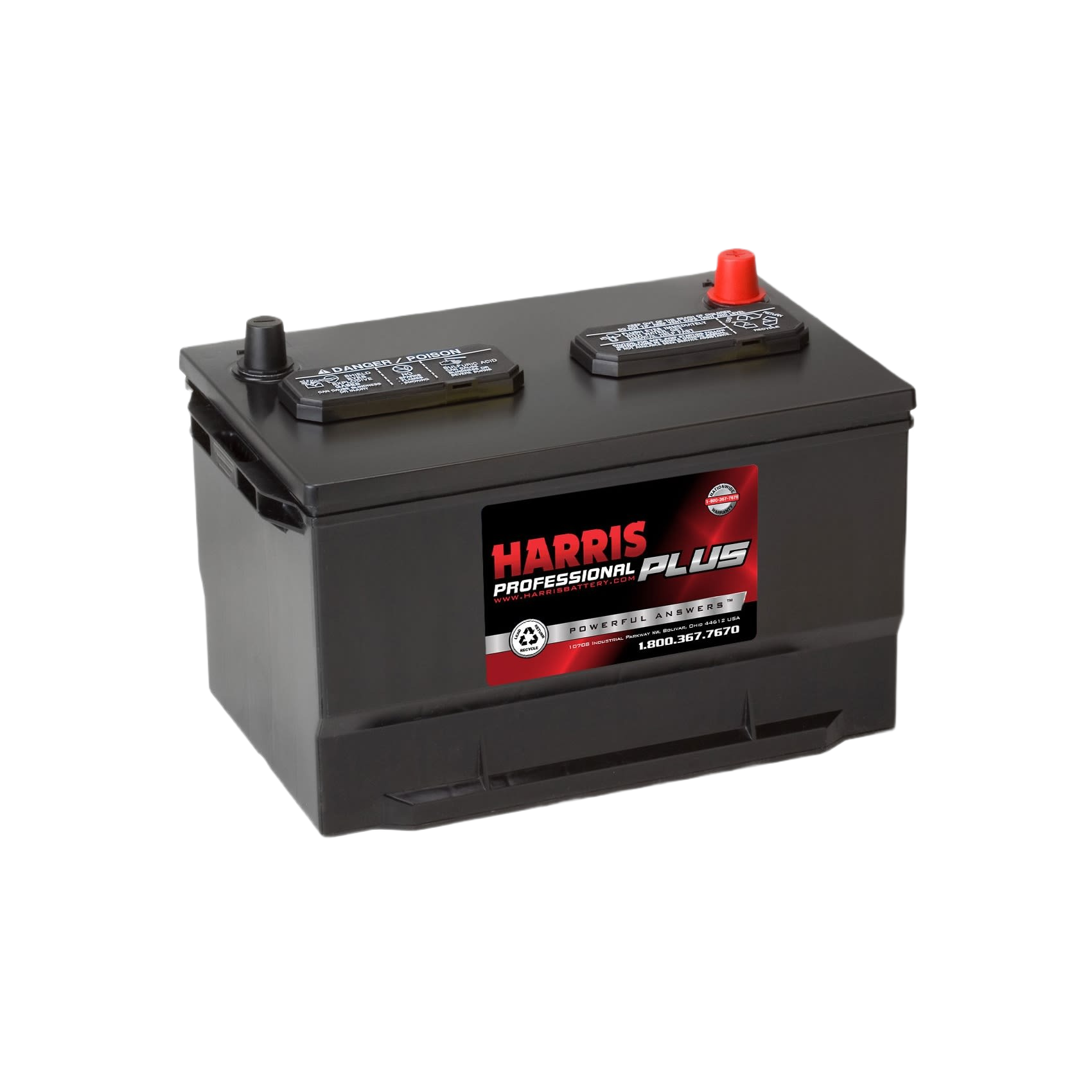 Black Harris Professional Plus flooded lead acid battery with red and black terminals for automotive use in All Products collection