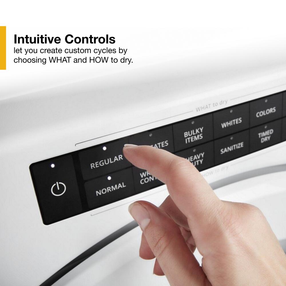 Hand selecting drying cycle options on intuitive touch control panel of white heat pump dryer in laundry setting