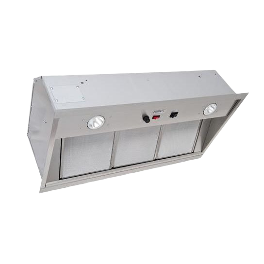 Stainless steel pro-style range hood insert with micro filters, built-in lights, and control switches for kitchen appliances collection
