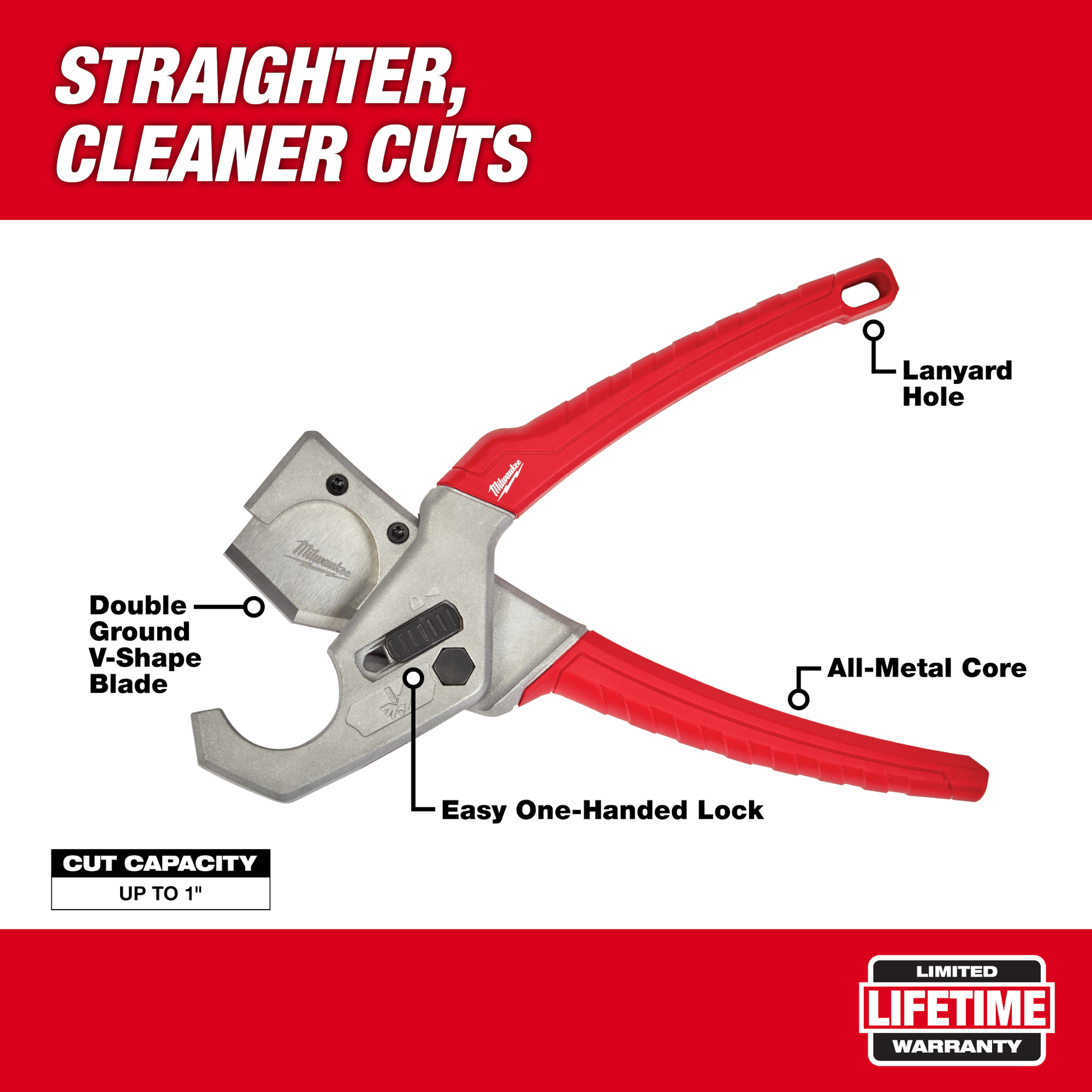 Milwaukee tubing cutter with red handles, stainless steel double ground blade, and one-handed lock for plumbing tools collectie