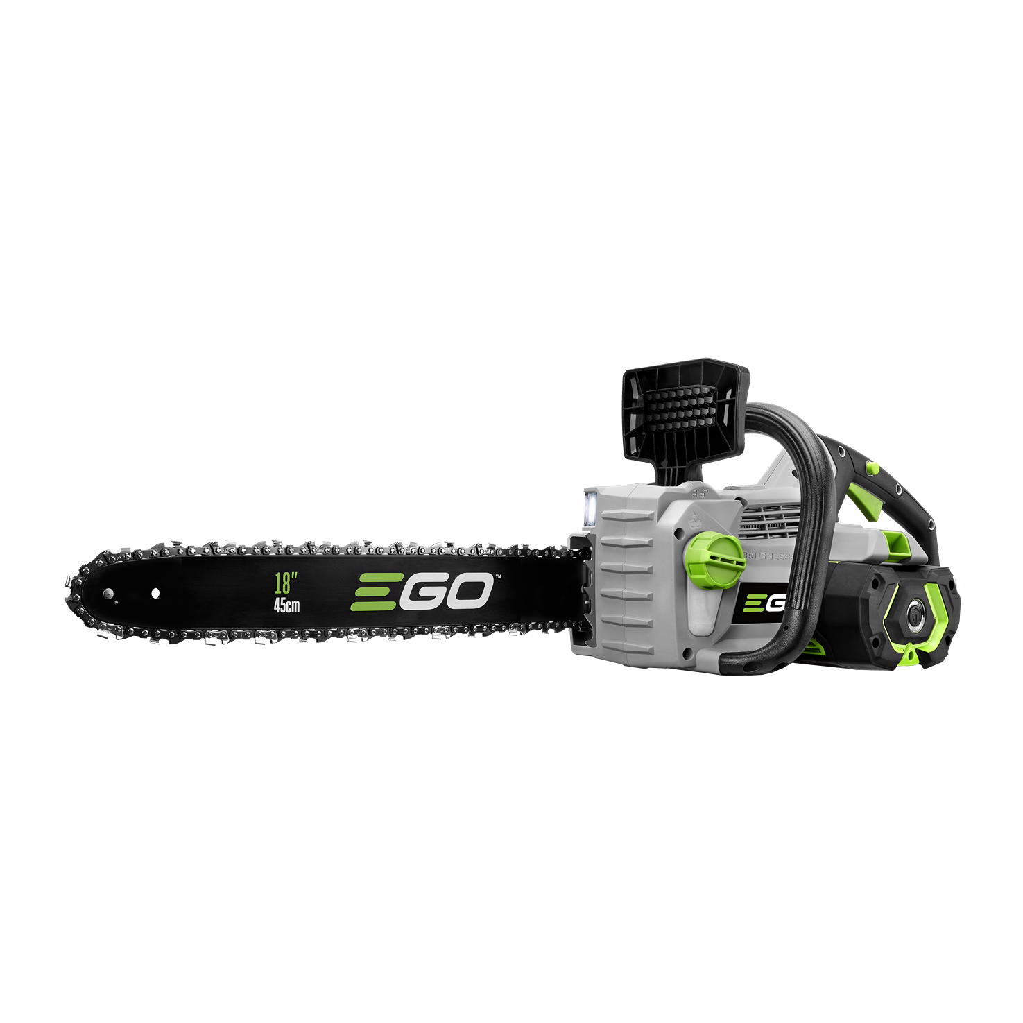 Cordless 18-inch EGO Power+ chainsaw with battery, charger, and ergonomic handle for tools and home improvement tasks