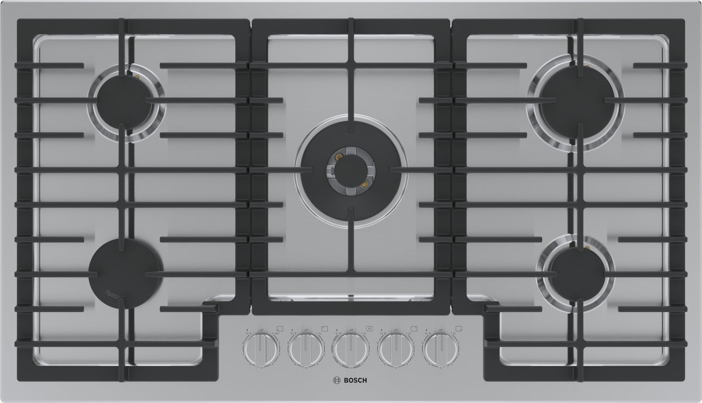 36-inch stainless steel gas cooktop with five burners and front control knobs from Bosch cooktops collection