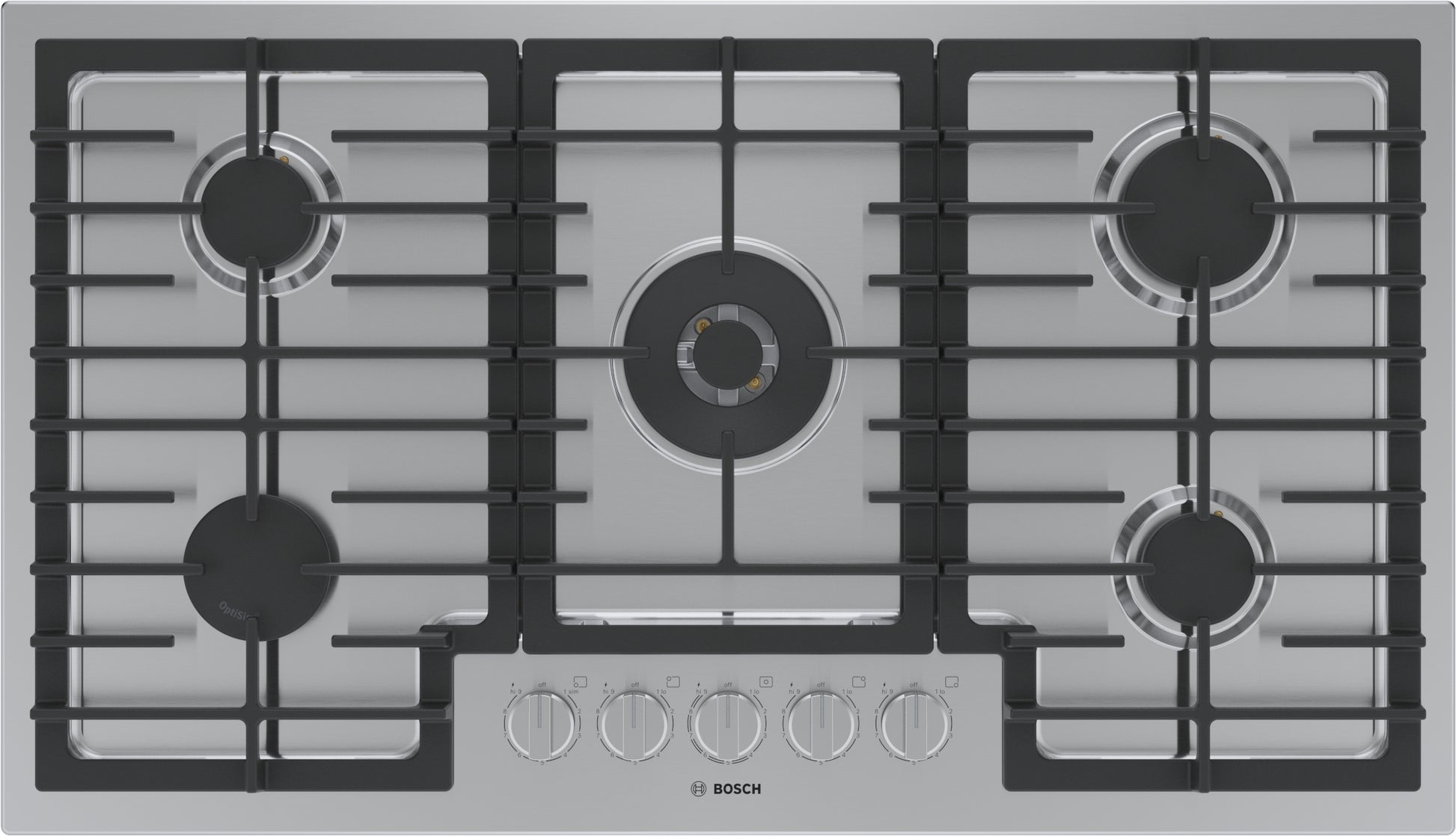 36-inch stainless steel gas cooktop with five burners and front control knobs from Bosch cooktops collection