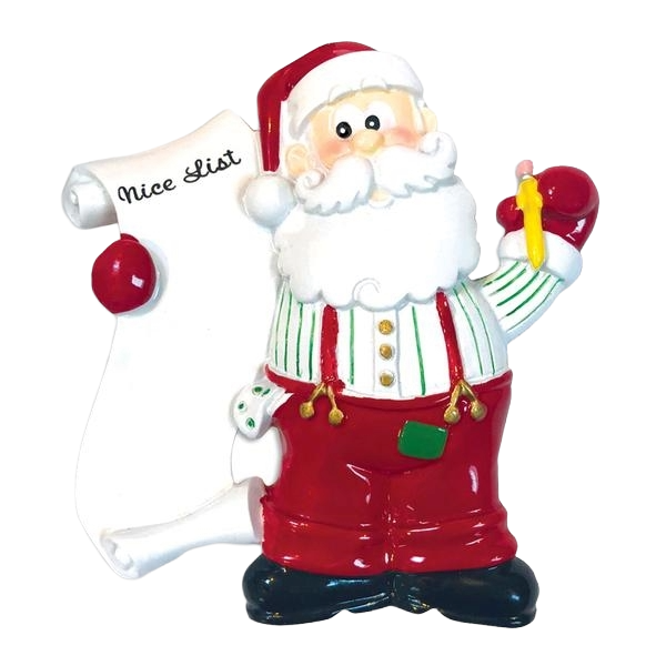 Santa figurine holding a personalized nice list scroll and pencil, festive Christmas ornament under $50