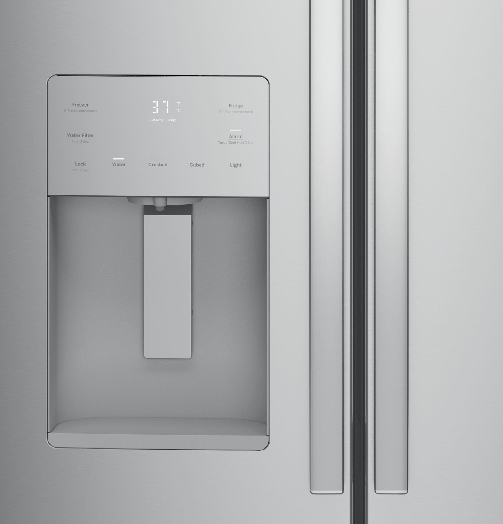 Close-up of stainless steel French-door refrigerator water dispenser and digital control panel in Kitchen & Kitchenware collections