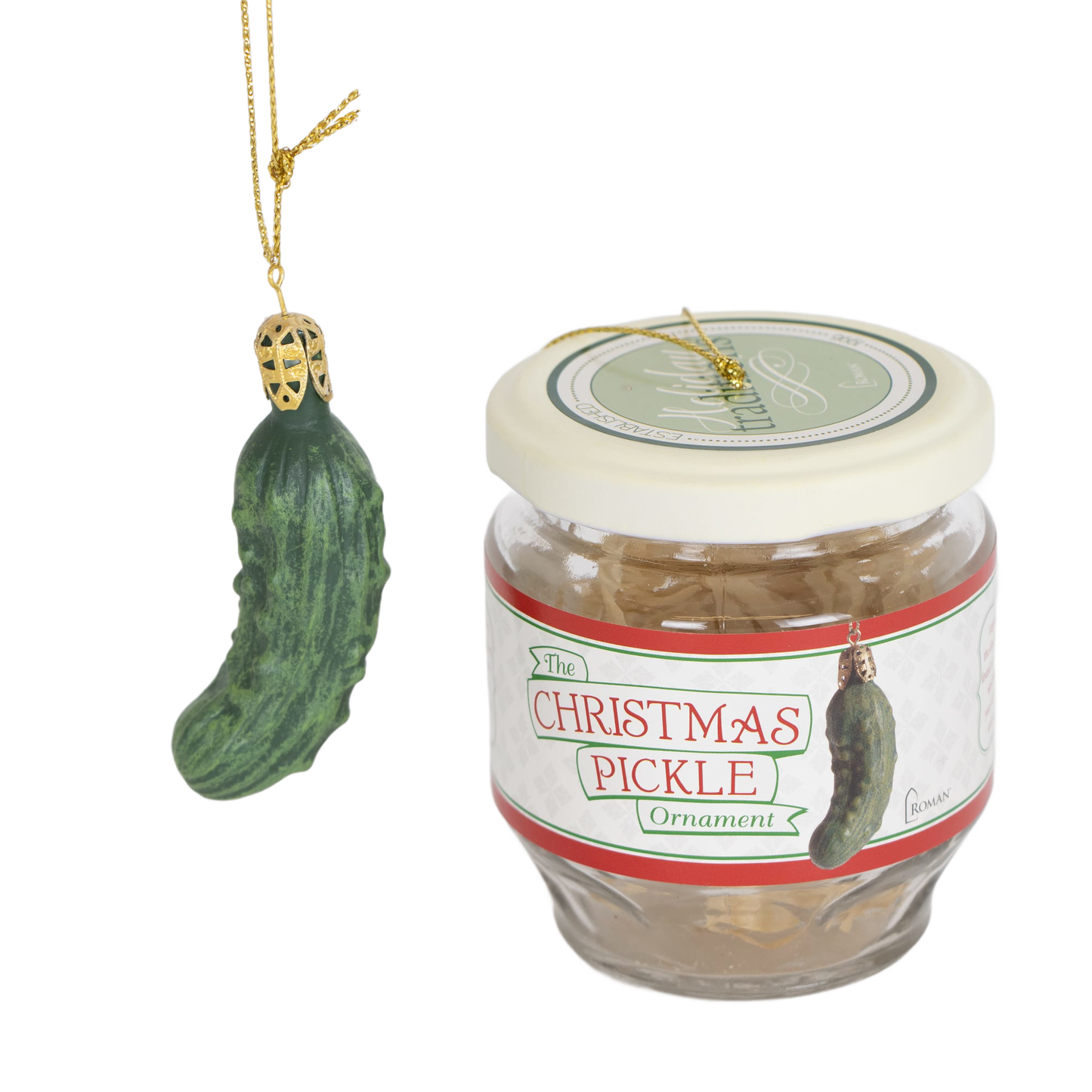 Glass jar containing a Christmas pickle ornament with festive label and gold hanging string in holiday decor collection