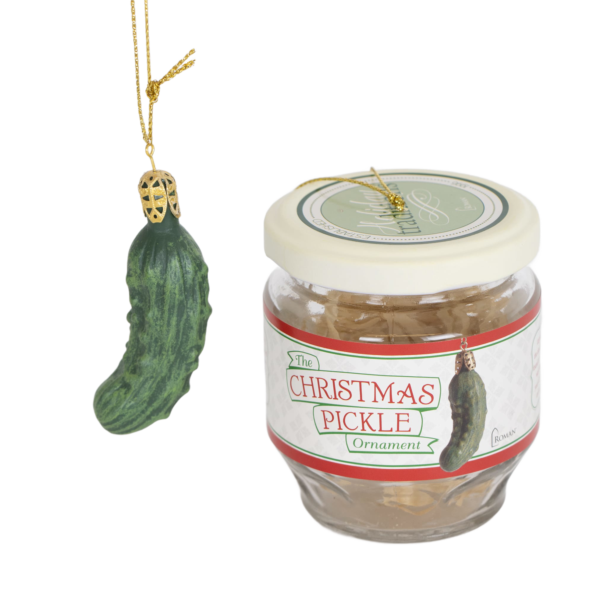 Glass jar containing a Christmas pickle ornament with festive label and gold hanging string in holiday decor collection