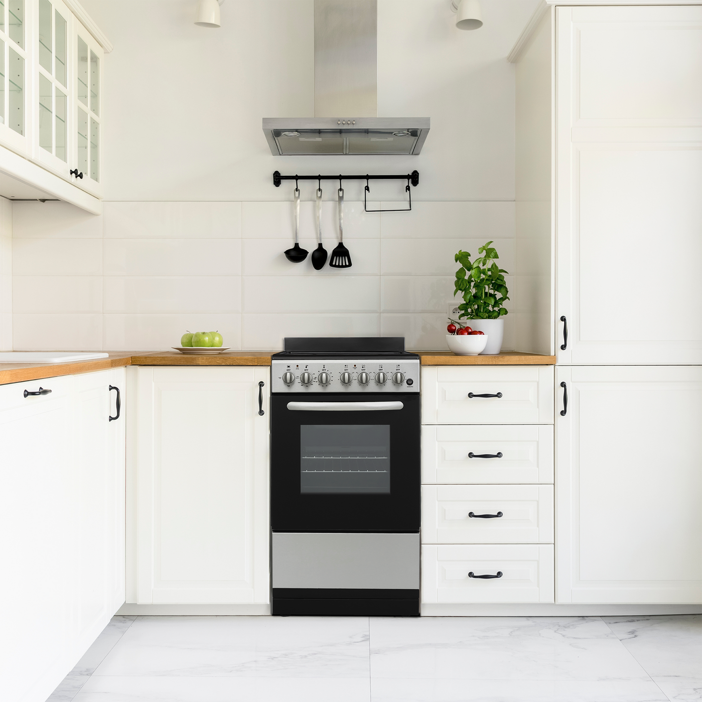 20-inch electric range with stainless steel and black finish, surrounded by white cabinetry in modern kitchen setting