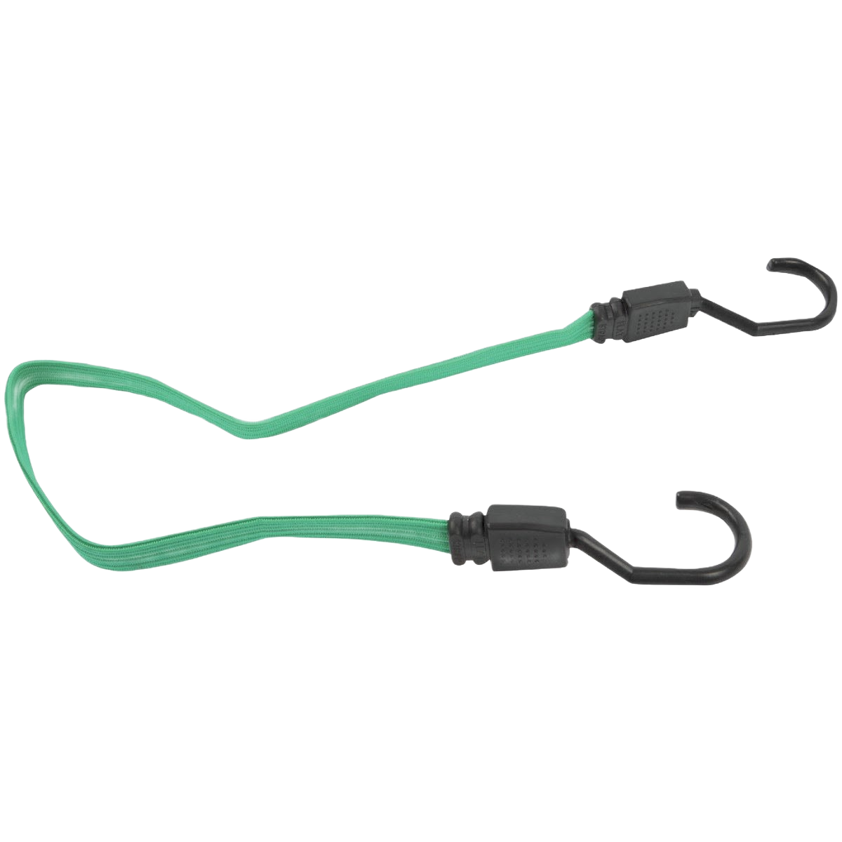 Erickson Green Flat Bungee Cord, 3/4 In. x 24 In. with black hooks, durable for tools and home improvement tasks