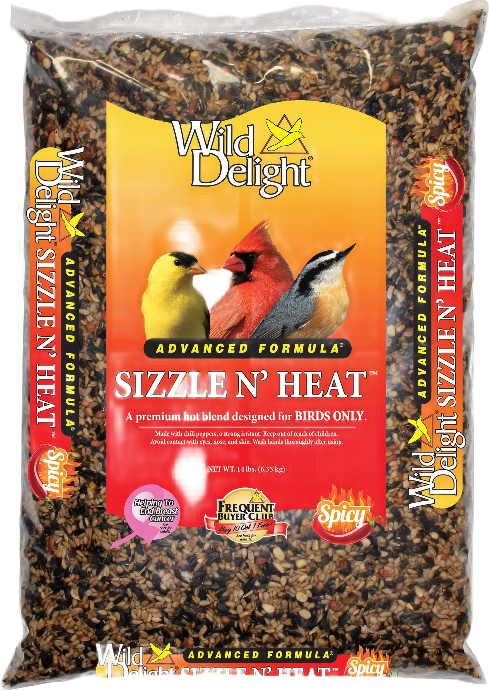 Clear bag of Wild Delight spicy bird seed blend with cardinal, goldfinch, and nuthatch illustrations on orange label