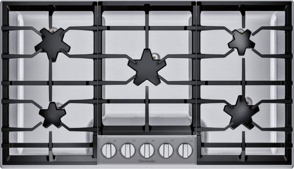 Top view of stainless steel 36-inch gas cooktop with five burners and front control knobs from Appliances collection