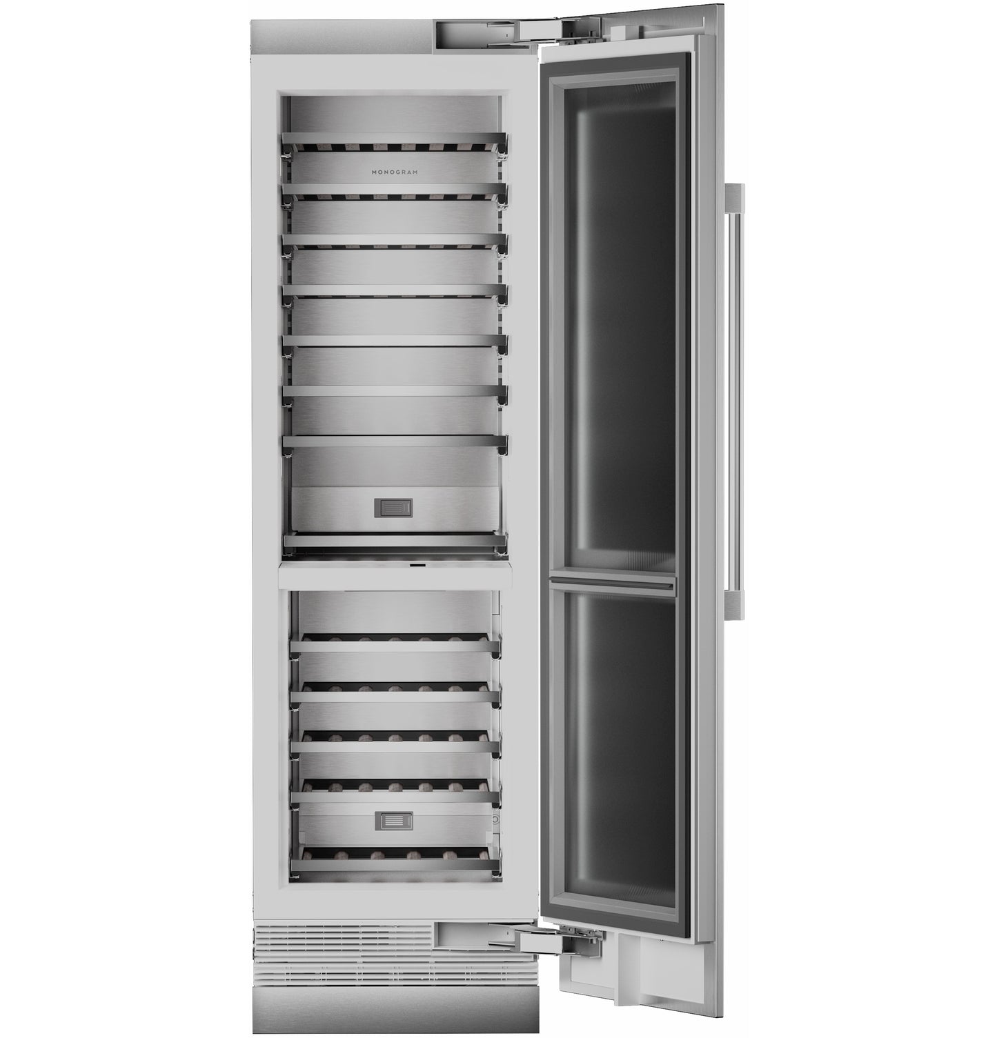 Tall panel-ready wine column with multiple adjustable shelves and glass door for beverage centers and kitchen appliances collections