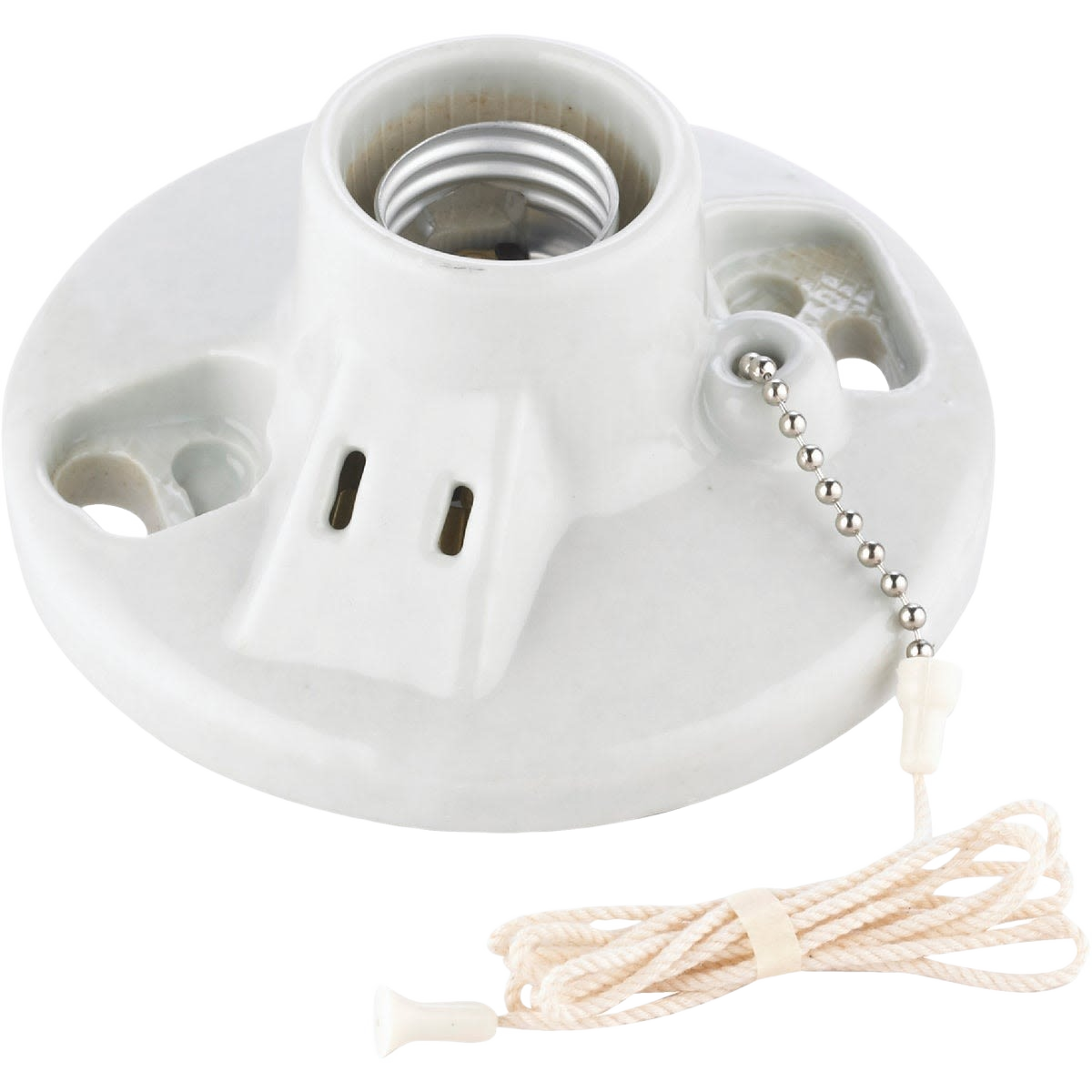 White porcelain incandescent lampholder with grounded outlet and pull chain for lighting and electrical home improvement tasks