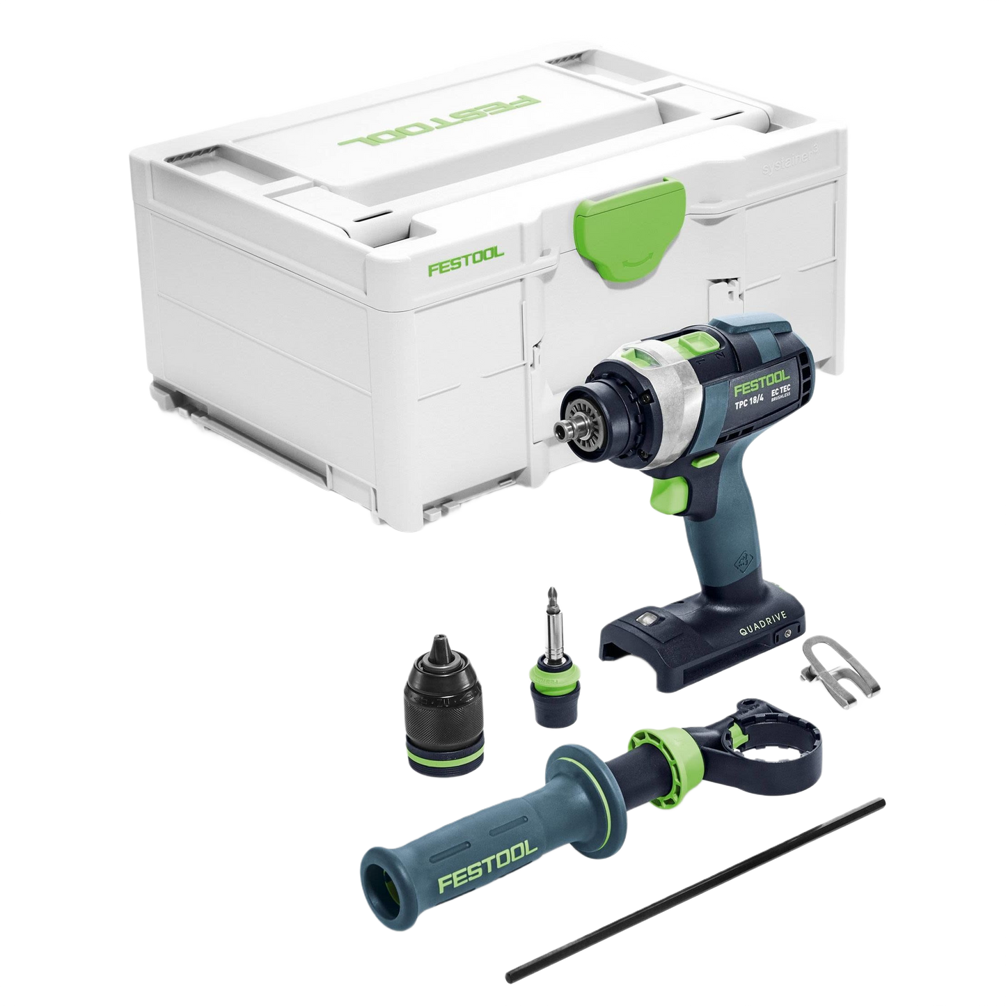 Cordless hammer drill kit with drill, handle, bits, and white storage case for tools and home improvement tasks