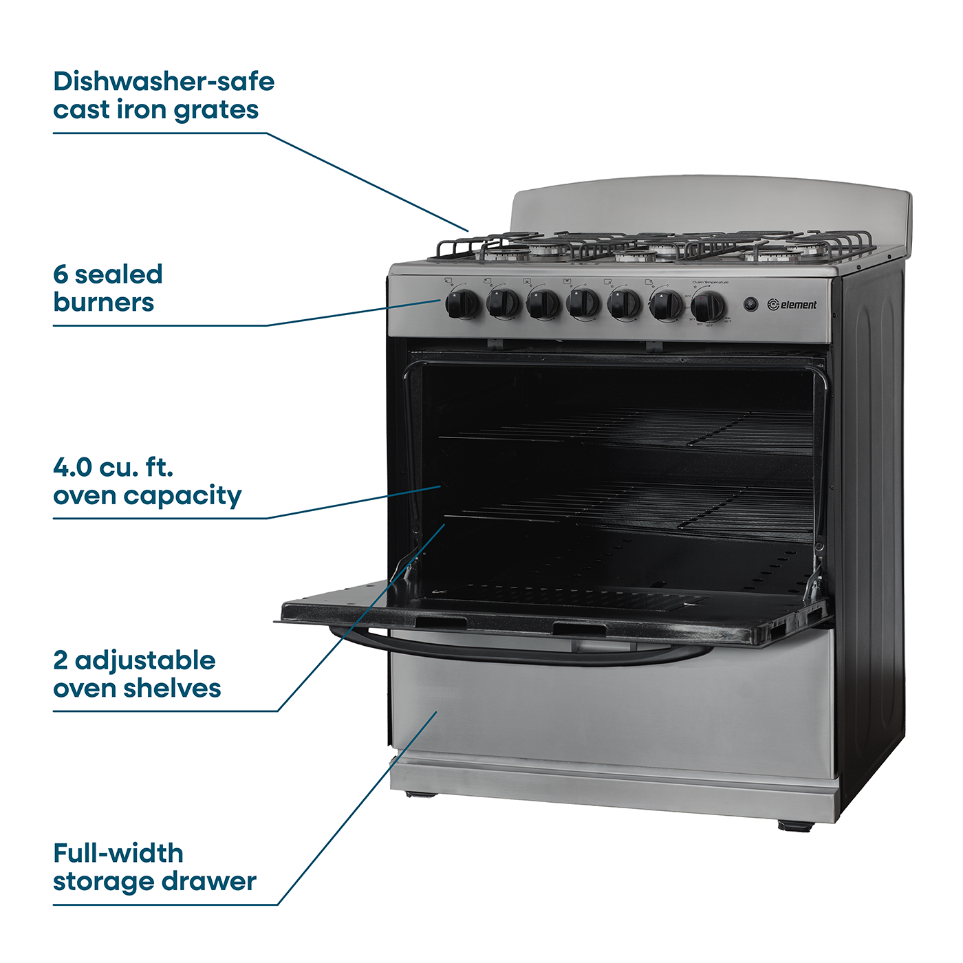 Element Electronics 4.0 cu. ft. 30", 6-Burner Gas Range (EEGR3A6MCCS)