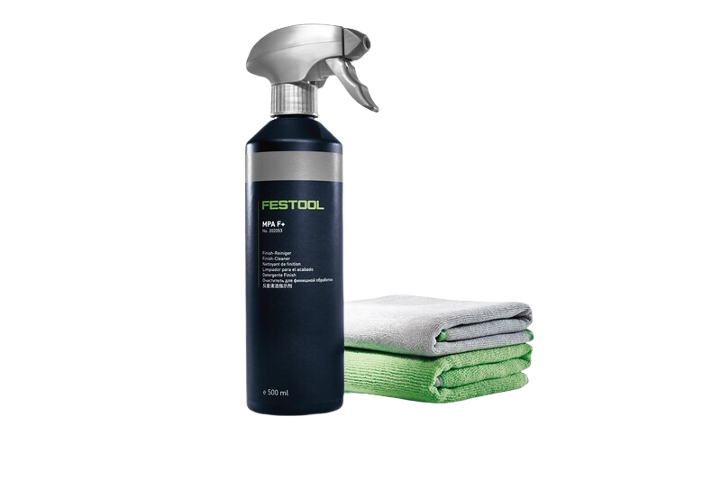 500 ml spray bottle of Festool finish cleaner with folded microfiber cloths for woodworking tool maintenance and home improvement