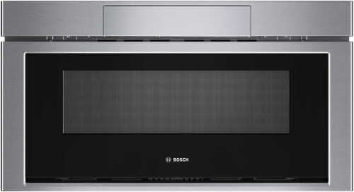 Stainless steel 30-inch Bosch drawer microwave with black glass front, designed for modern kitchens and appliances collections
