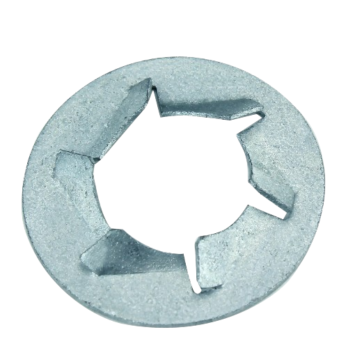 Silver-toned metal push nut for securing parts, suitable for John Deere hardware and under $50 tool collections