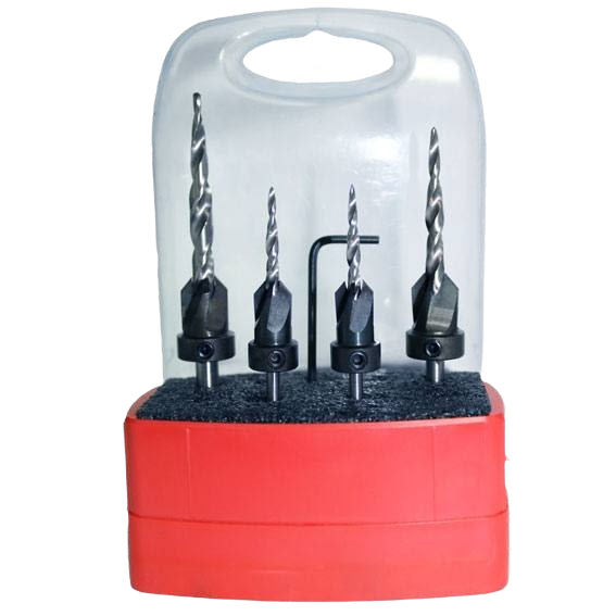 Set of four tapered drill bits with countersink tools in a red case for precise woodworking and home improvement tasks