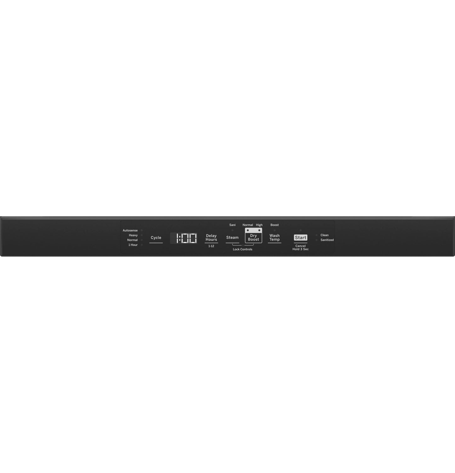 Black control panel with digital timer and buttons for sanitize cycle, dry boost, and wash temp on dishwasher from kitchenware collection