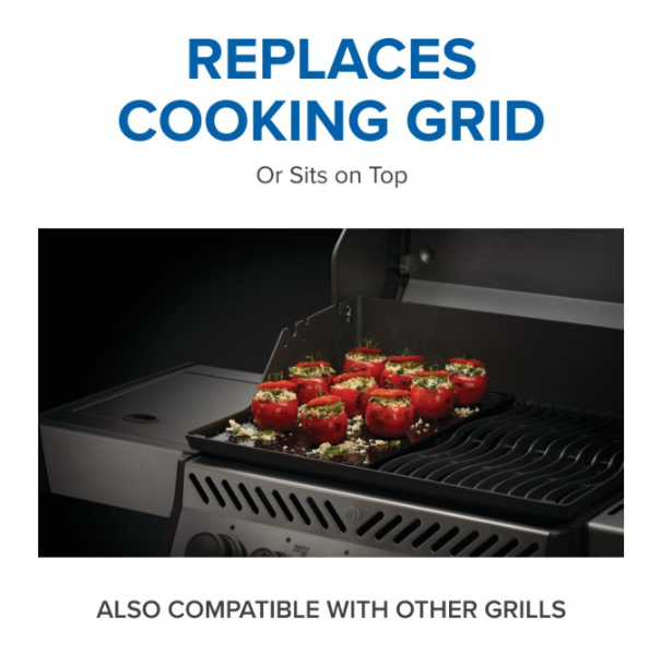 Cast iron reversible griddle for outdoor living, cooking stuffed tomatoes on a gas grill with one side flat and one side ridged for versatile grilling.